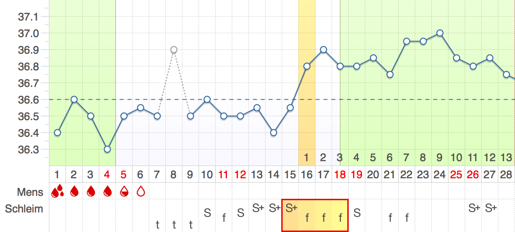 Beispiel: Schleimhöhepunkt im Zyklus (markiert mit gelbem Hintergrund und rotem Rahmen)