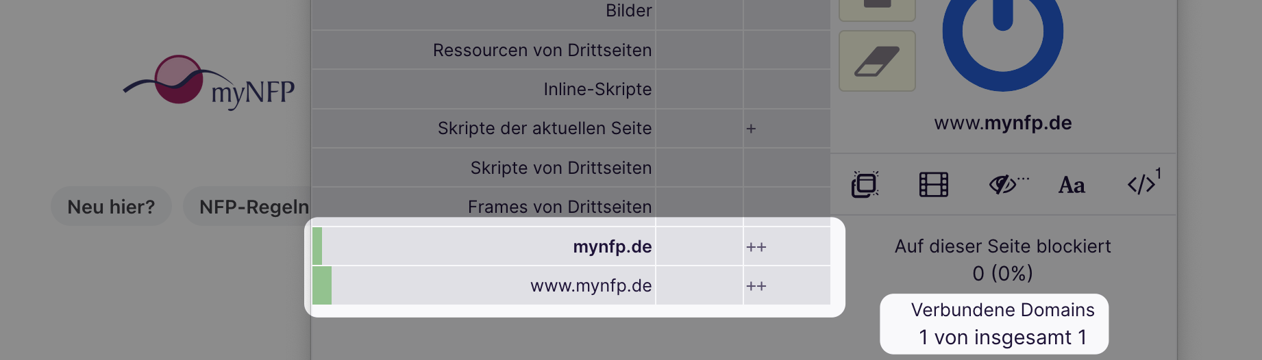 Screenshot des Firefox Addons uBlock Origin zeigt, dass keine externen Domains beim Aufruf von mynfp.de eingebunden werden.