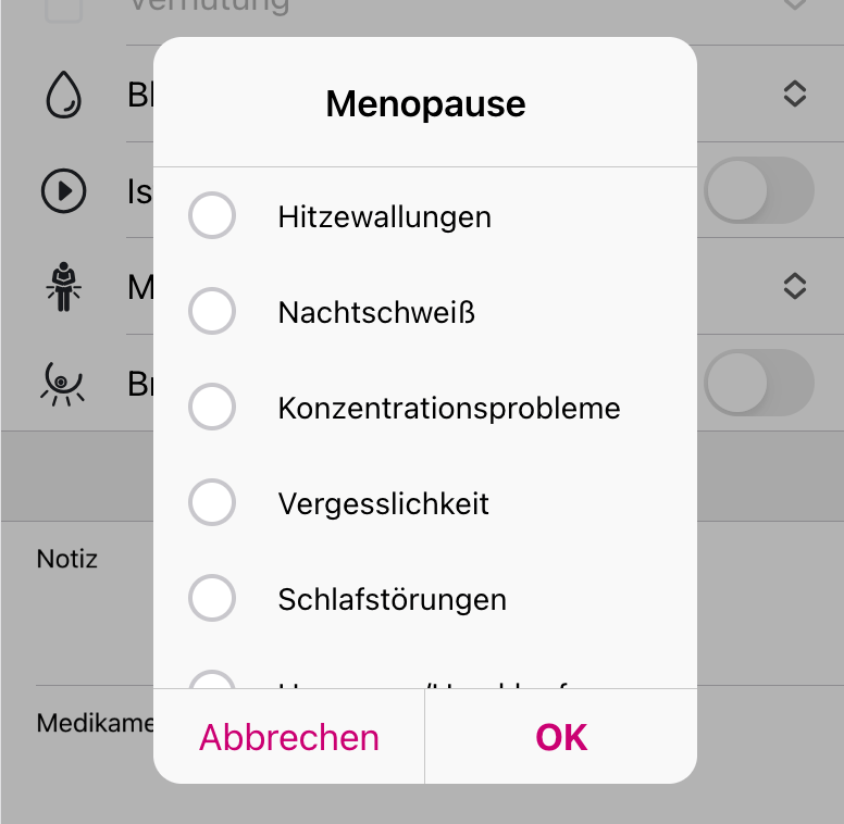 Auswahlmöglichkeiten der Zusatzleiste für (Peri-)Menopause